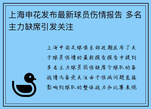 上海申花发布最新球员伤情报告 多名主力缺席引发关注 上海申花发布最新球员伤情报告 多名主力缺席引发关注