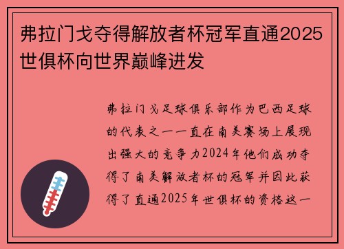 弗拉门戈夺得解放者杯冠军直通2025世俱杯向世界巅峰进发 弗拉门戈夺得解放者杯冠军直通2025世俱杯向世界巅峰进发
